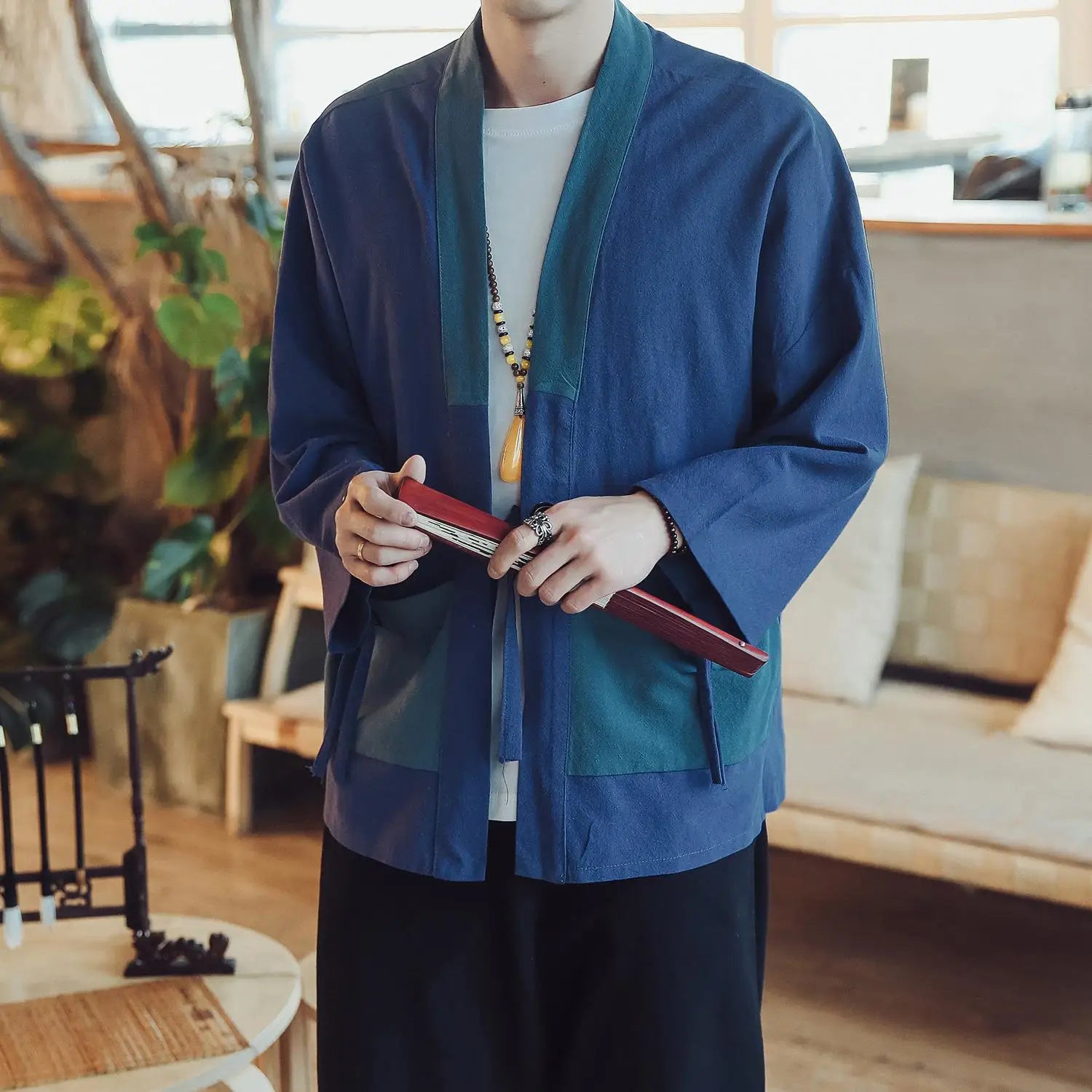 Veste Kimono Homme Bleue à Poches