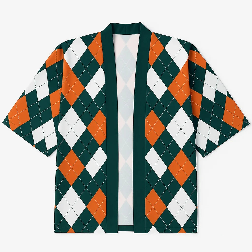 Veste Kimono Homme Carreaux Vert et Blanc