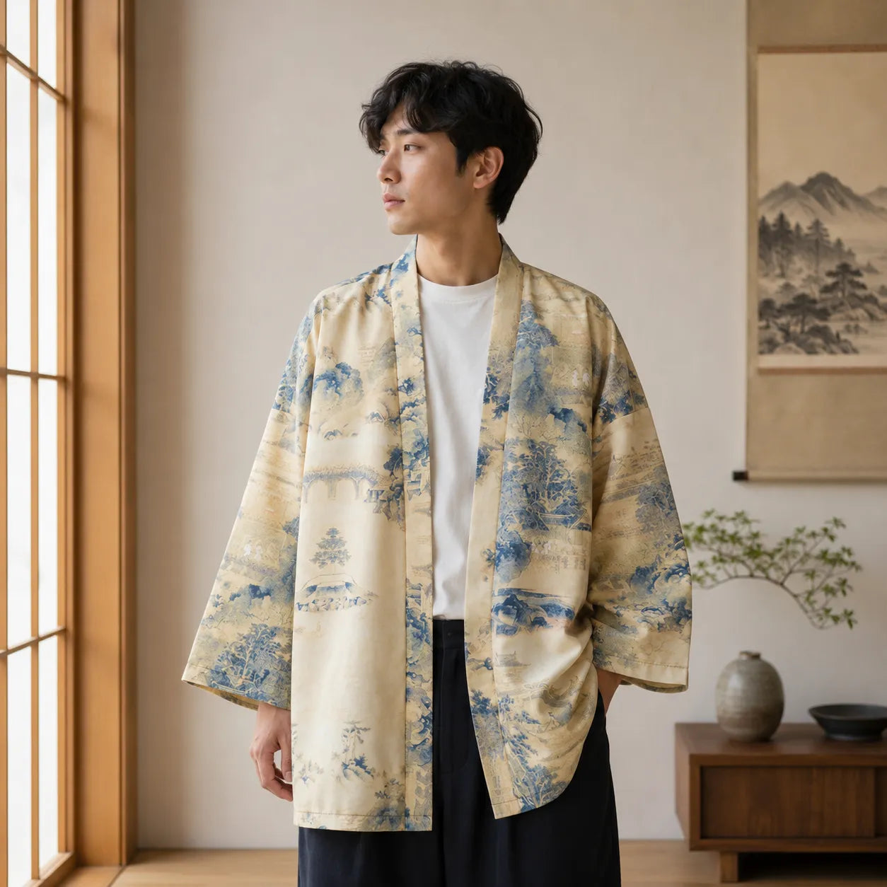 Veste Kimono Homme Imprimée Bleu