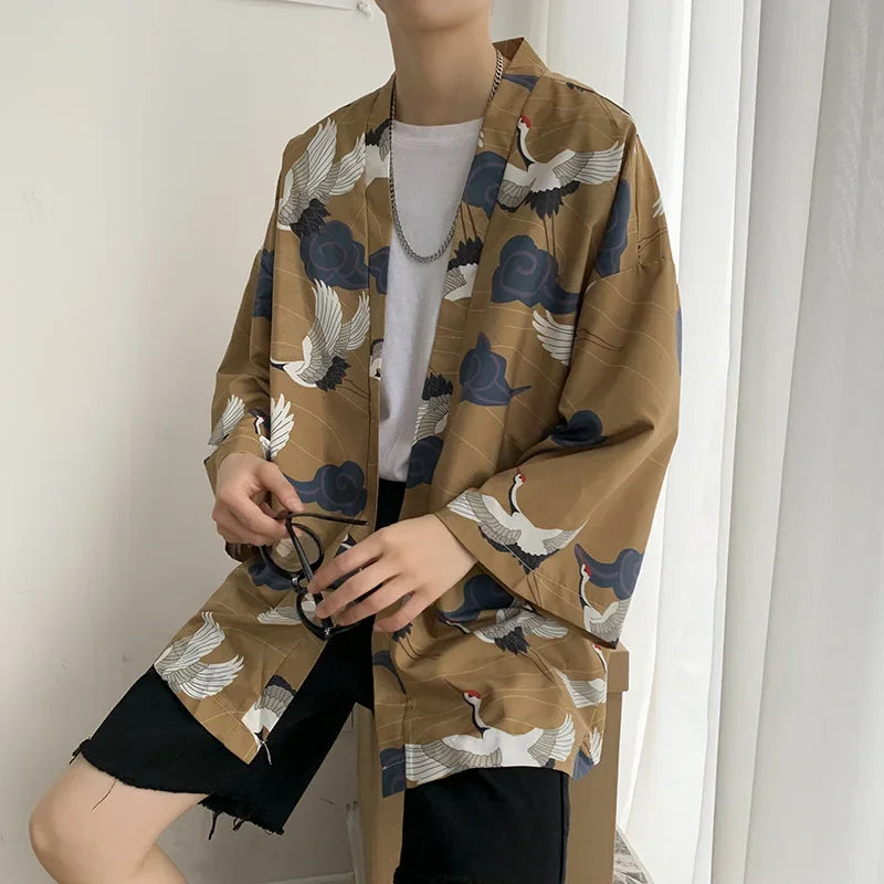 Veste Kimono Homme Léger Imprimé Grues