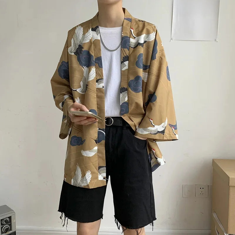 Veste Kimono Homme Léger Imprimé Grues Design