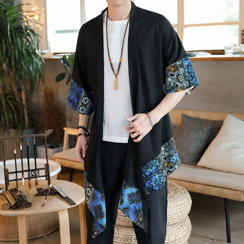 Veste Kimono Homme Longue Noir et Bleu