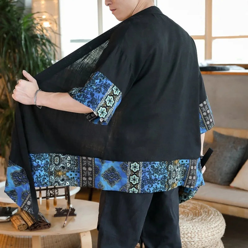 Veste Kimono Homme Longue Noir et Bleu Design