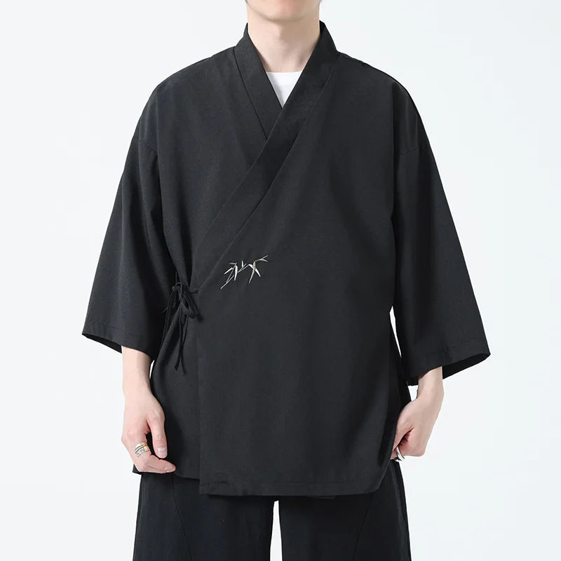 Veste Kimono Homme Noire Brodée Bambou
