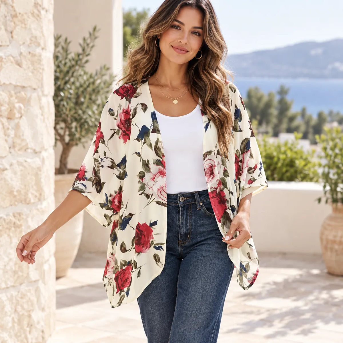 Veste Kimono à Motifs Fleurs Rose