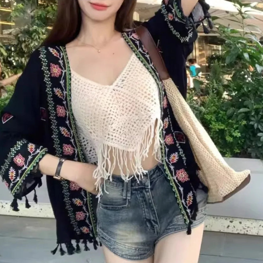 Veste Kimono Noire Boho Brodée