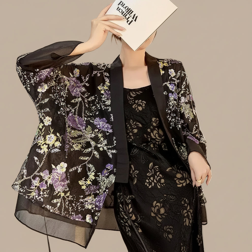 Veste Kimono Noire Fleurie