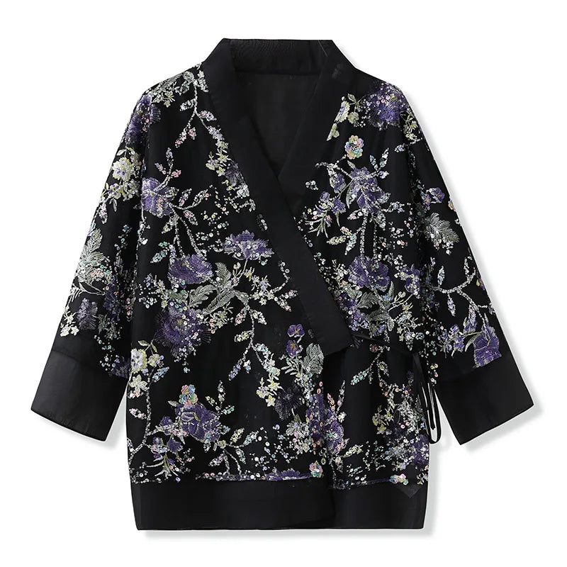 Veste Kimono Noire Fleurie léger