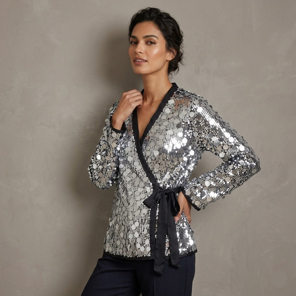 Veste Kimono à Paillettes Argentées stylé