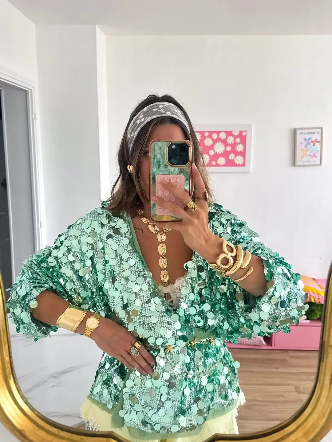 Veste Kimono Verte à Paillettes