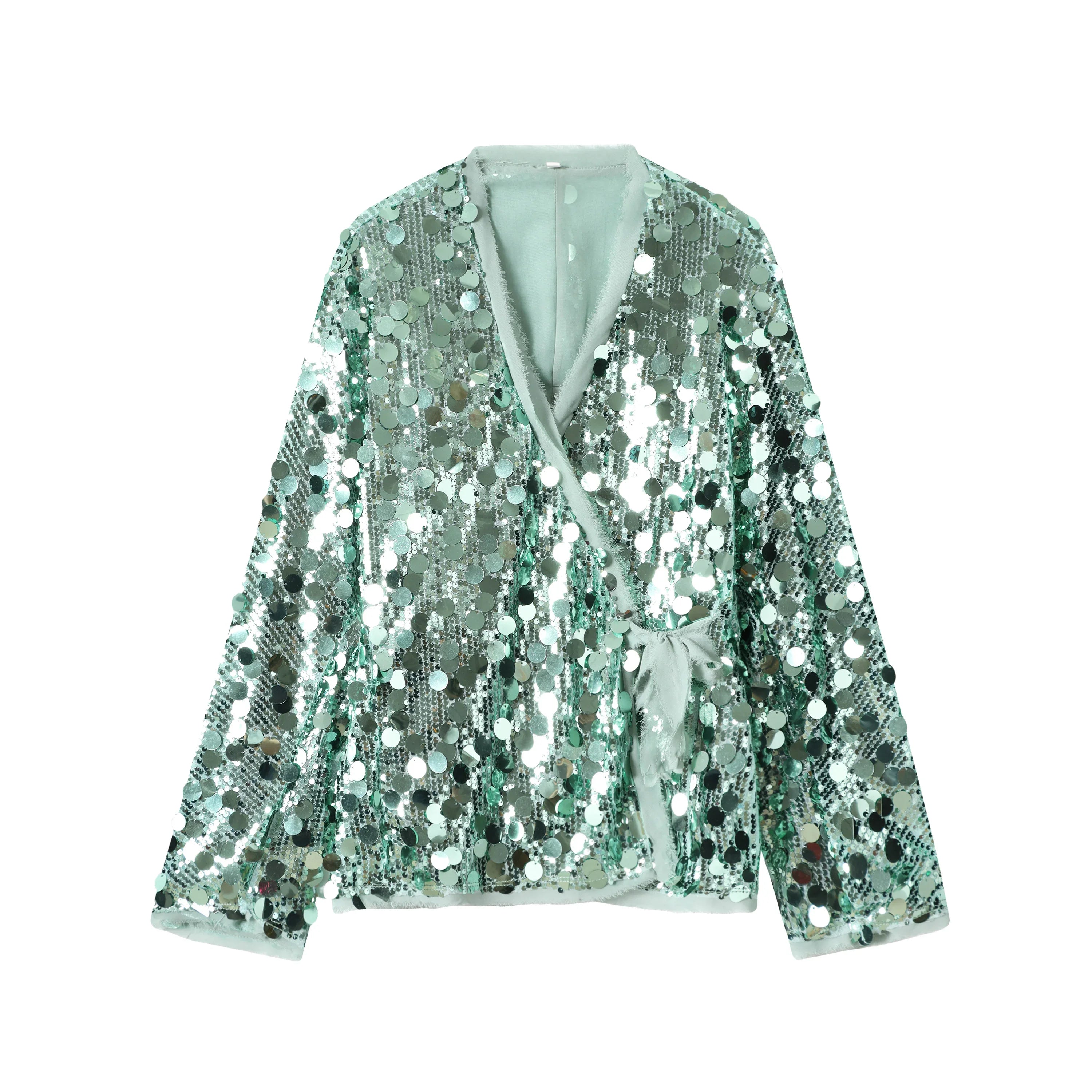 Veste Kimono Verte à Paillettes Chic