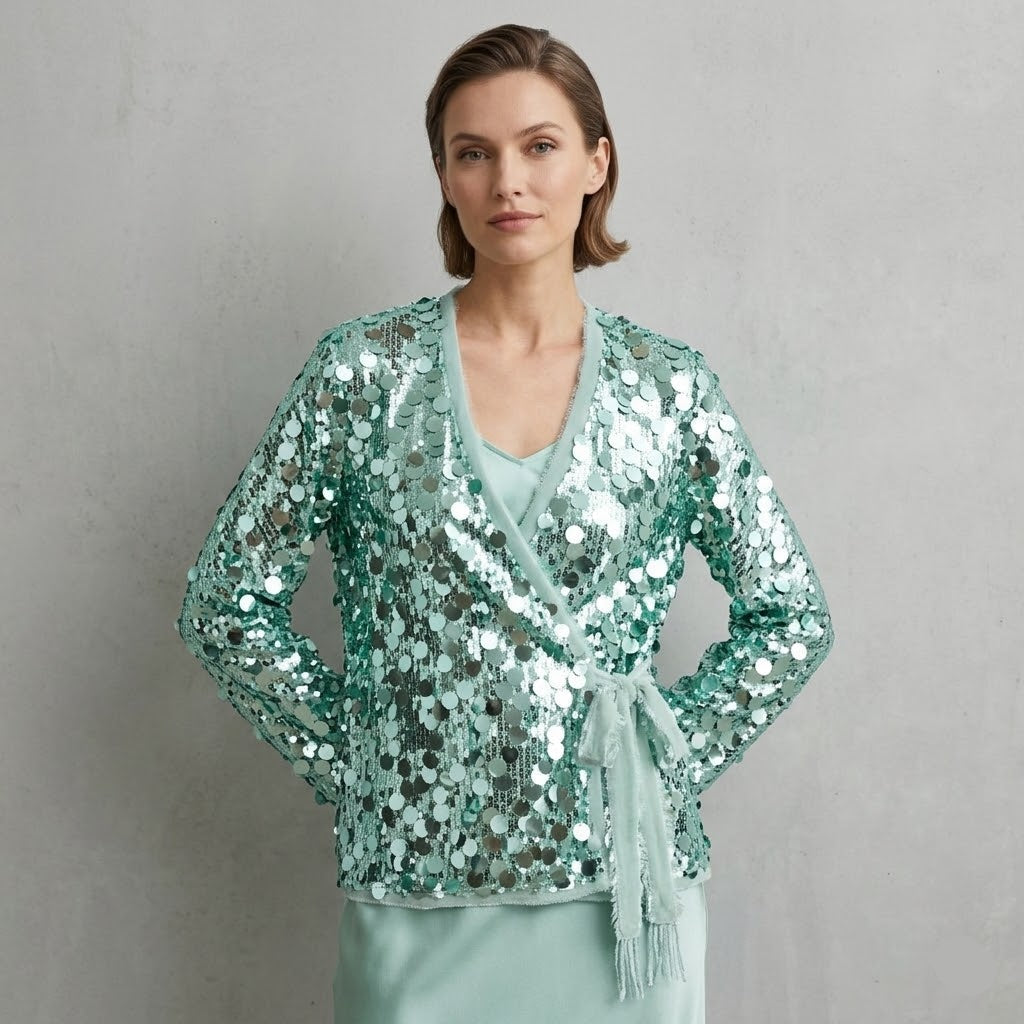 Veste Kimono Verte à Paillettes tendance