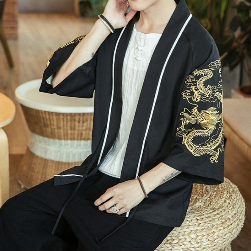 Cardigan Kimono Japonais Dragon Doré