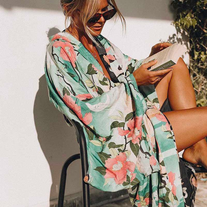 Robe kimono manche longue fleurie
