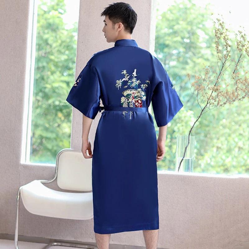 Robe De Chambre Kimono Japonais Homme - Peignoir Satin 3/4 Manches, Vêtement Nuit Et Sortie De Bain