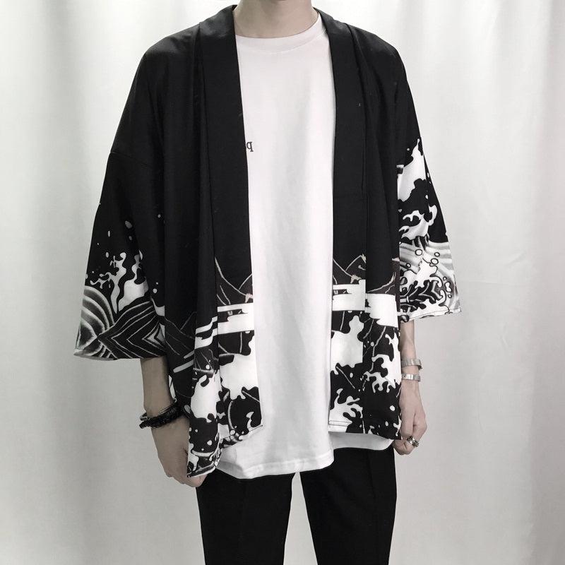 Veste Kimono Japonais Cascade Dragon Noir