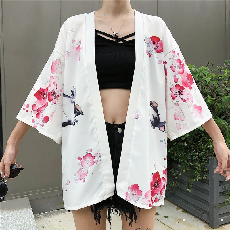 Veste Kimono Femme Geisha Fleurie Blanc Design